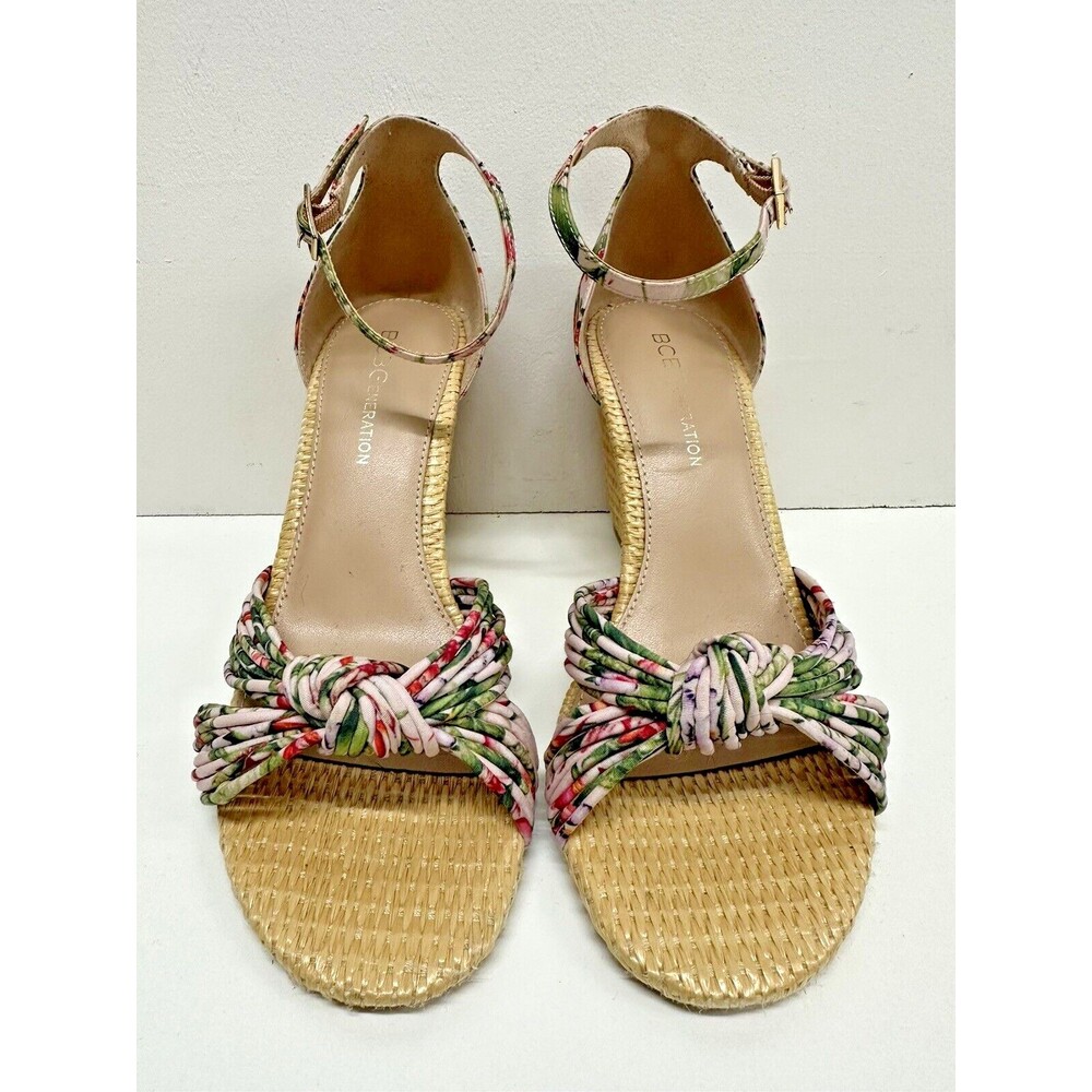 BCBGENERATION women size 6 multicolor floral print jute wedge sandals